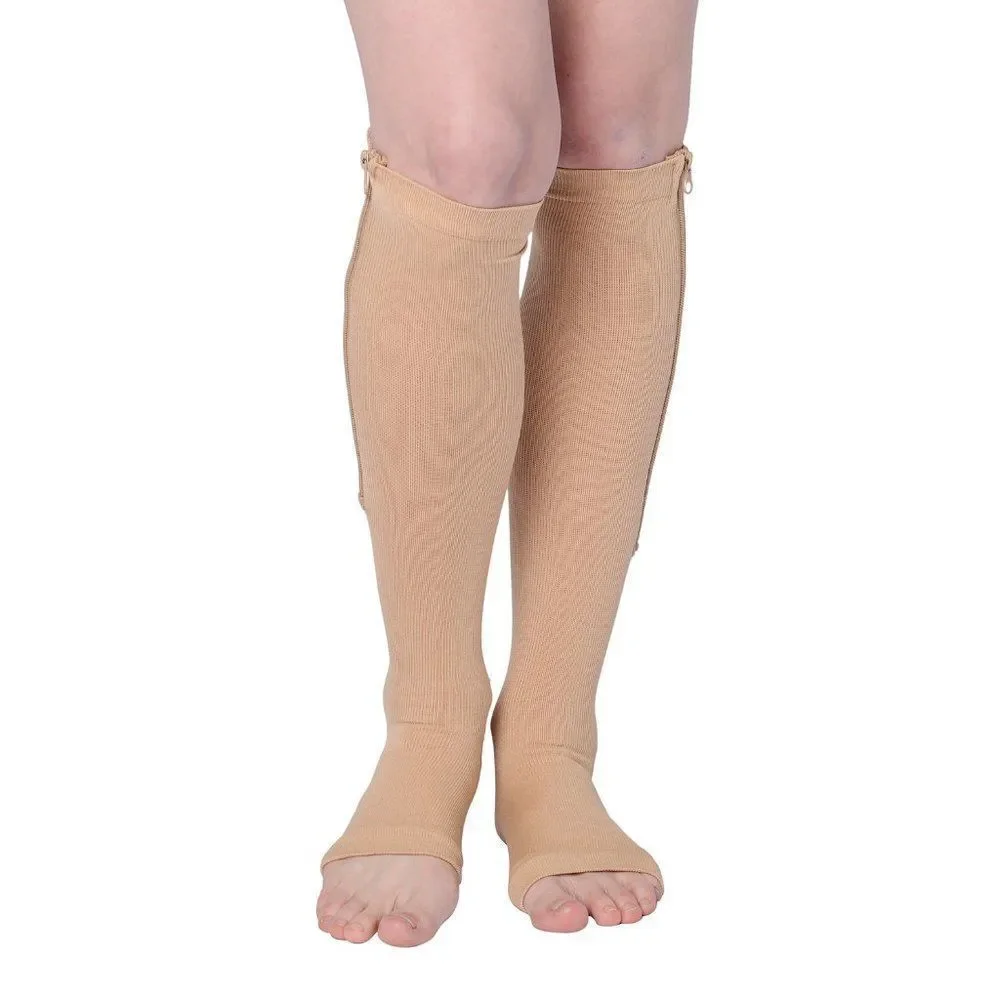Zipper Compression Socks with Open Toe (S/M) Tan